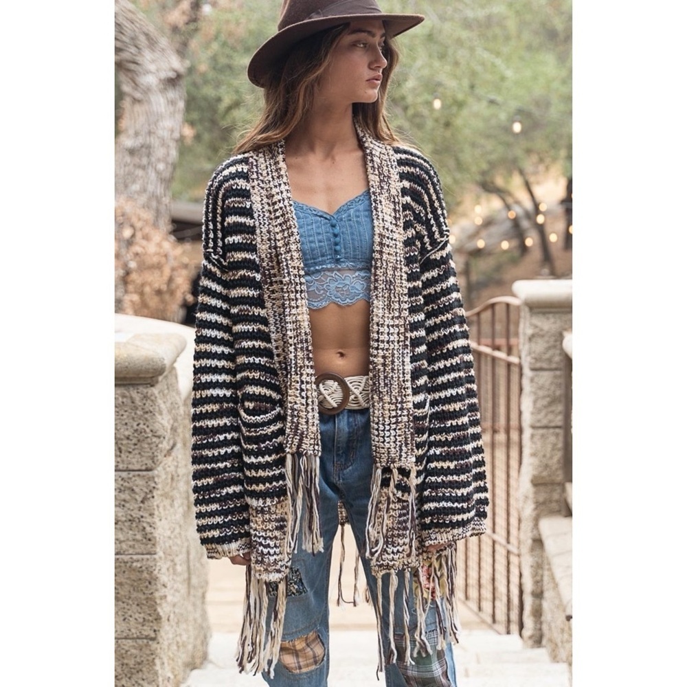 POL Beige Tan Cream Shawl Collar Cardigan with Fringe | Oversized Boho Knit - Picture 10 of 10
